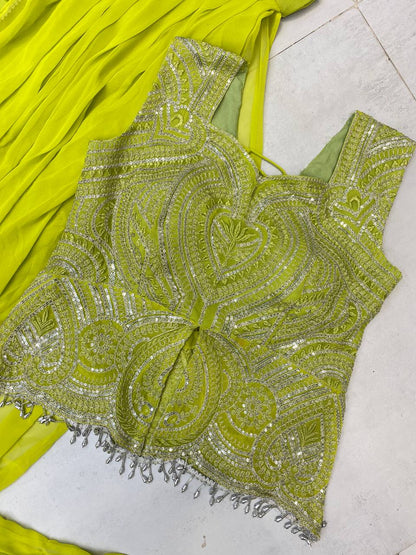 NEW READY-TO-WEAR LEHENGA SAREE WITH SLEEVELESS BLOUSE – CORDING SEQUENCE EMBROIDERY