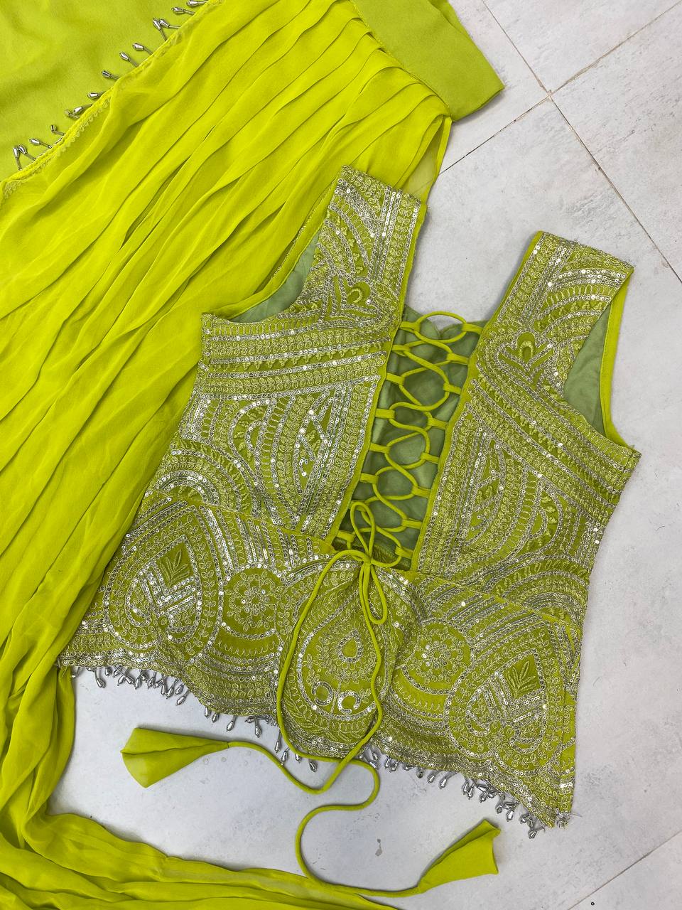 NEW READY-TO-WEAR LEHENGA SAREE WITH SLEEVELESS BLOUSE – CORDING SEQUENCE EMBROIDERY