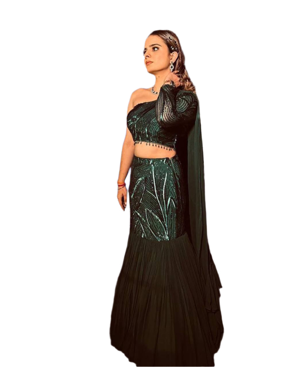 BOUTIQUE STYLE PARTY-WEAR FAUX GEORGETTE SEQUINS RUFFLE LEHENGA WITH BLOUSE & ATTACHED DUPATTA