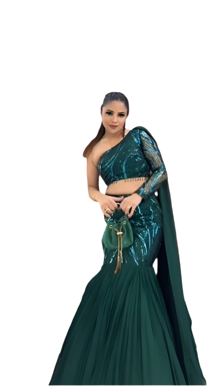 BOUTIQUE STYLE PARTY-WEAR FAUX GEORGETTE SEQUINS RUFFLE LEHENGA WITH BLOUSE & ATTACHED DUPATTA