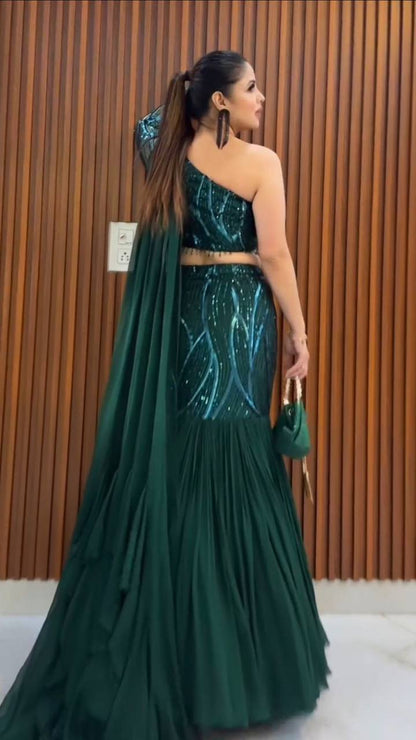 BOUTIQUE STYLE PARTY-WEAR FAUX GEORGETTE SEQUINS RUFFLE LEHENGA WITH BLOUSE & ATTACHED DUPATTA