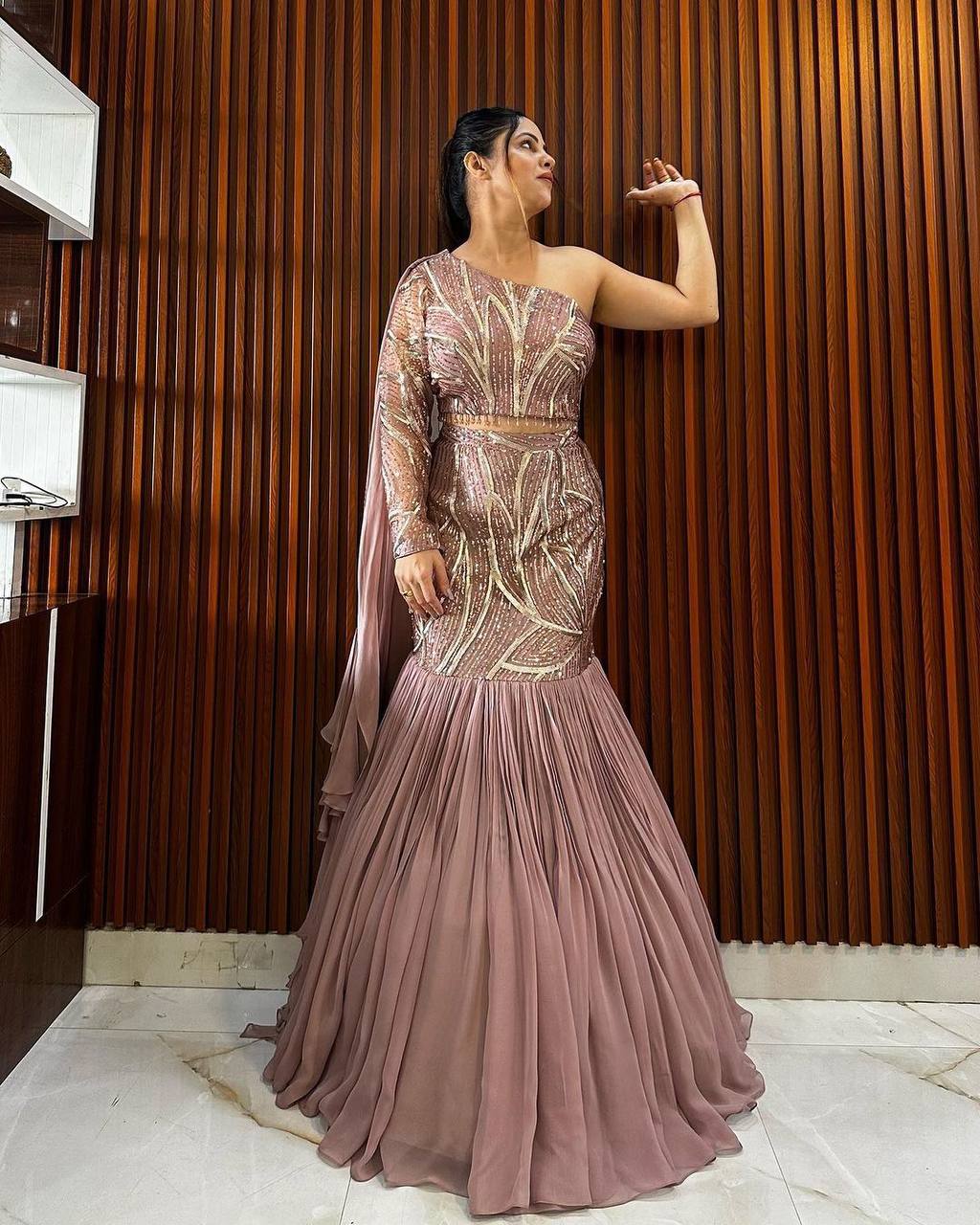 BOUTIQUE STYLE PARTY-WEAR FAUX GEORGETTE SEQUINS RUFFLE LEHENGA WITH BLOUSE & ATTACHED DUPATTA