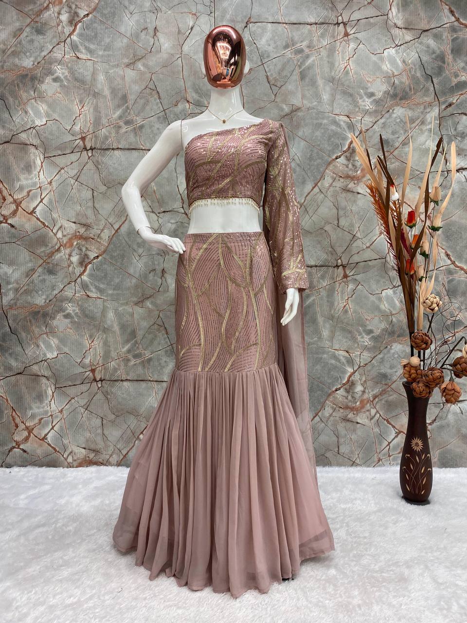BOUTIQUE STYLE PARTY-WEAR FAUX GEORGETTE SEQUINS RUFFLE LEHENGA WITH BLOUSE & ATTACHED DUPATTA