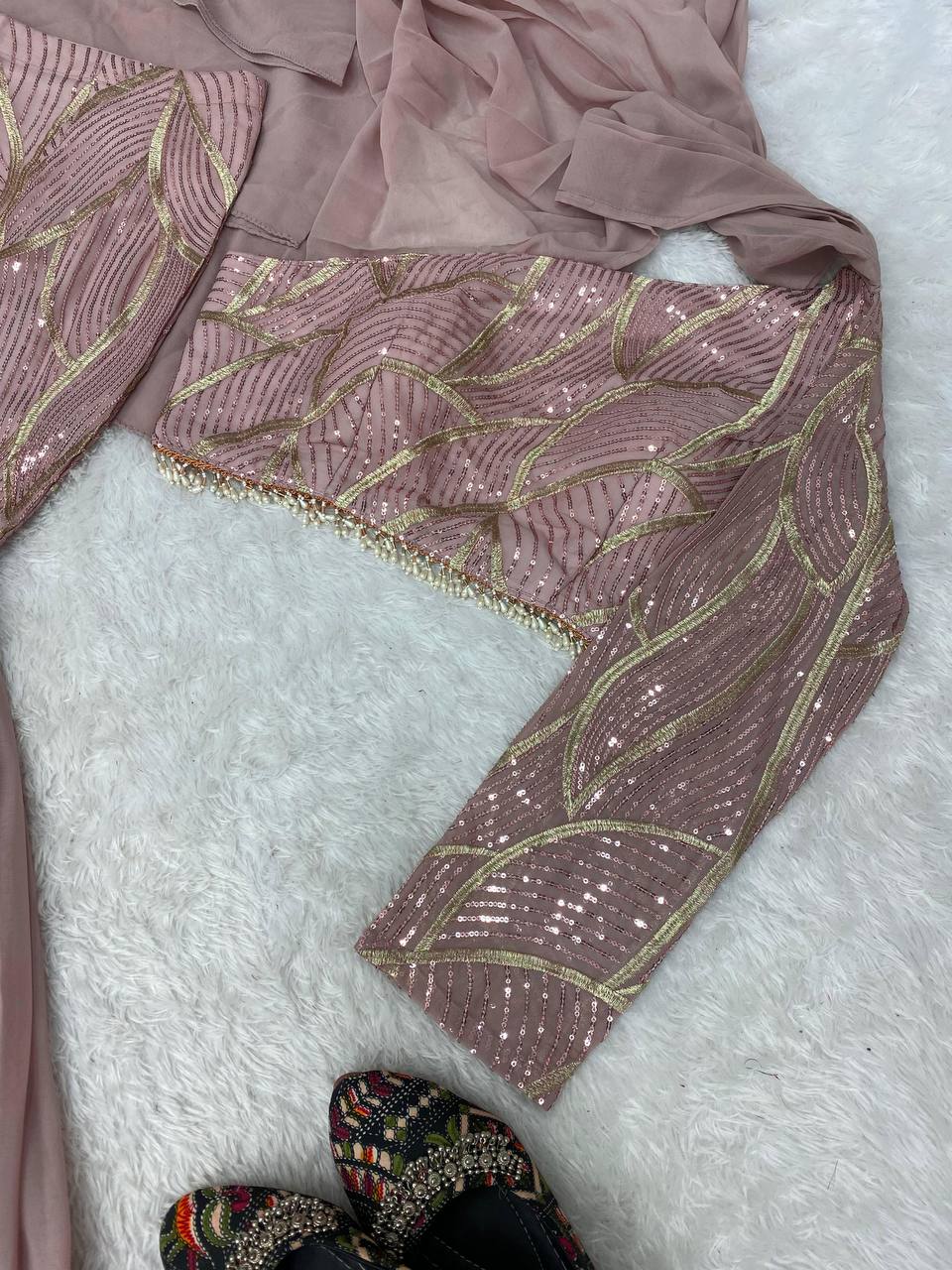BOUTIQUE STYLE PARTY-WEAR FAUX GEORGETTE SEQUINS RUFFLE LEHENGA WITH BLOUSE & ATTACHED DUPATTA