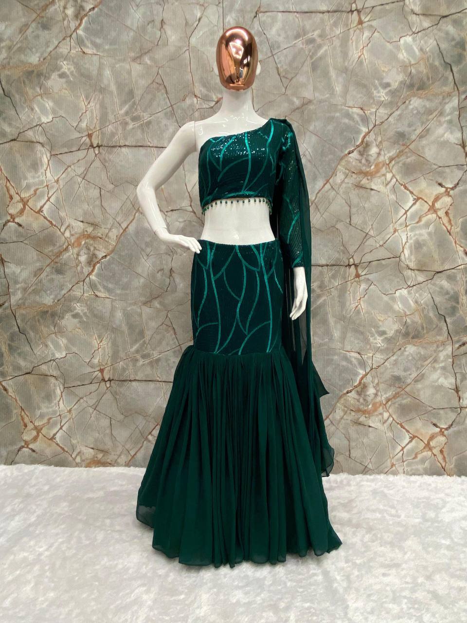 BOUTIQUE STYLE PARTY-WEAR FAUX GEORGETTE SEQUINS RUFFLE LEHENGA WITH BLOUSE & ATTACHED DUPATTA