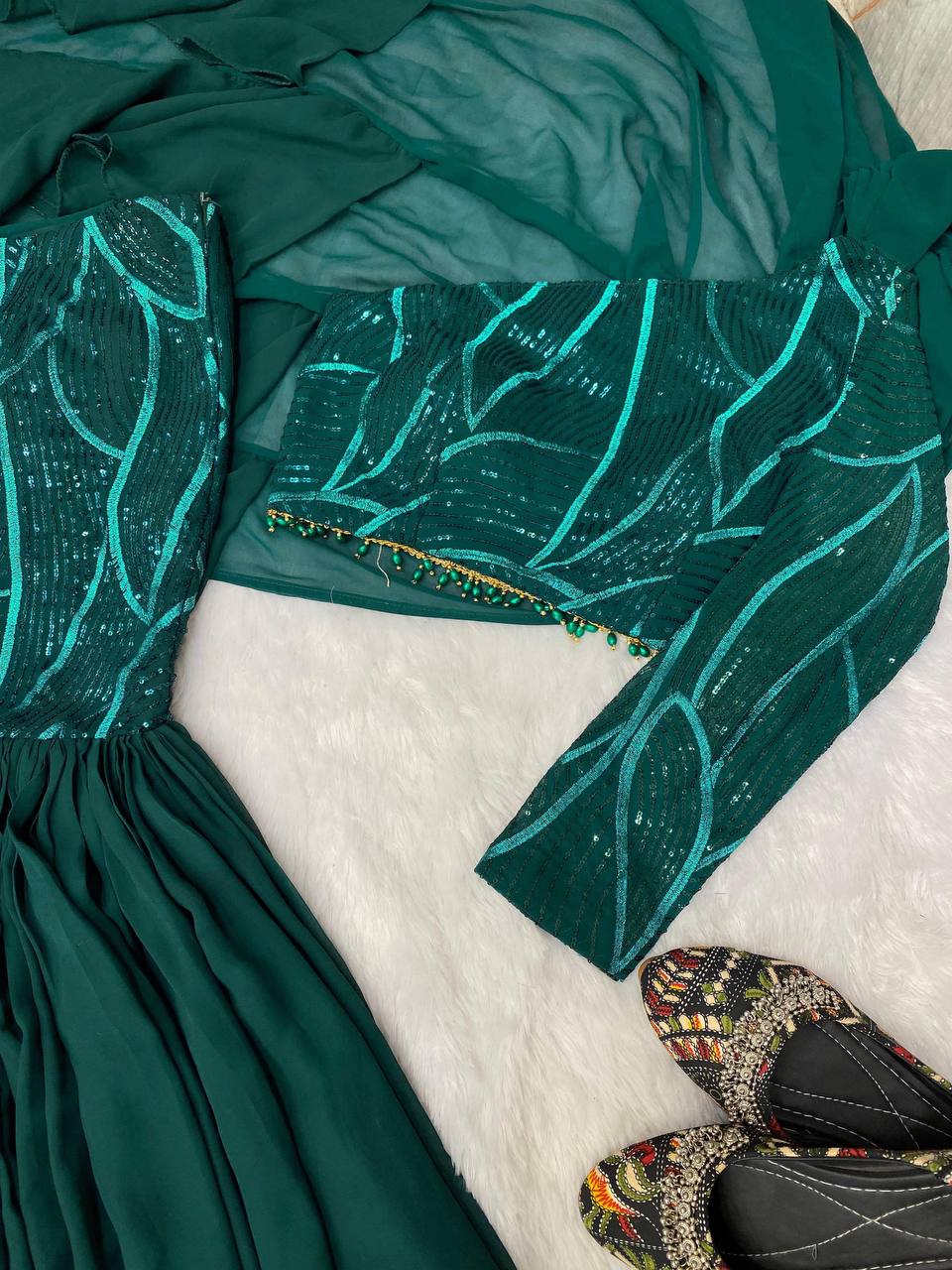 BOUTIQUE STYLE PARTY-WEAR FAUX GEORGETTE SEQUINS RUFFLE LEHENGA WITH BLOUSE & ATTACHED DUPATTA