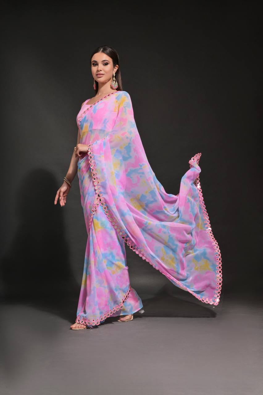 DESIGNER CHIFFON GEORGETTE SAREE WITH PRIZAM PRINT &FOIL MIRROR EMBROIDERY WORK