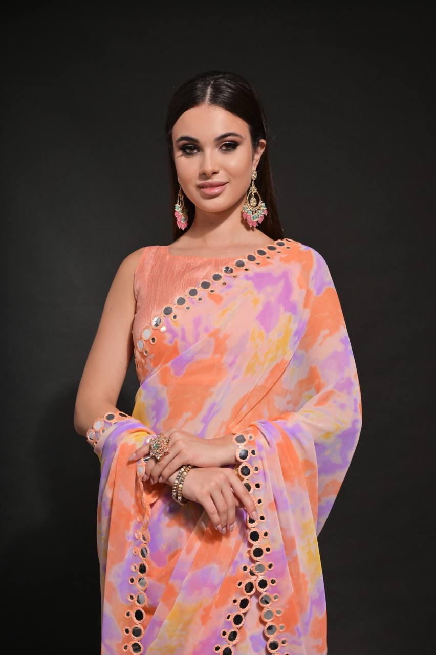DESIGNER CHIFFON GEORGETTE SAREE WITH PRIZAM PRINT &FOIL MIRROR EMBROIDERY WORK