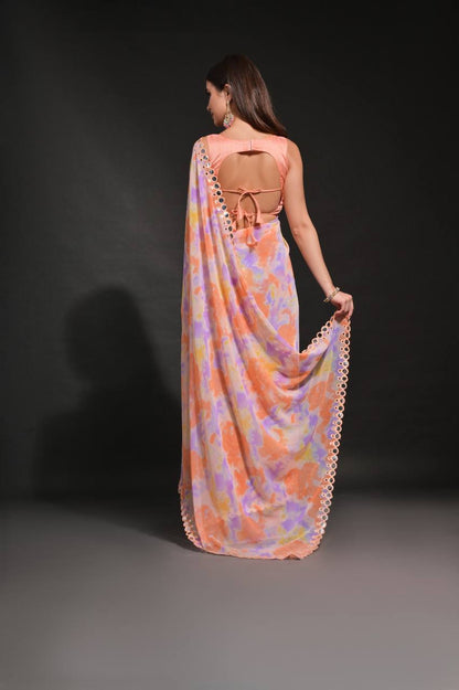 DESIGNER CHIFFON GEORGETTE SAREE WITH PRIZAM PRINT &FOIL MIRROR EMBROIDERY WORK