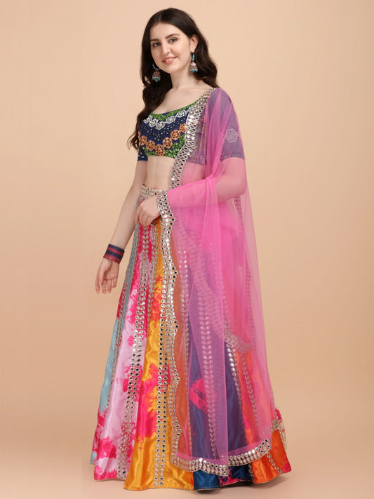 PREMIUM HEAVY DIAMOND SATIN SILK LEHENGA CHOLI SET WITH DIGITAL PRINT & MIRROR EMBROIDERY