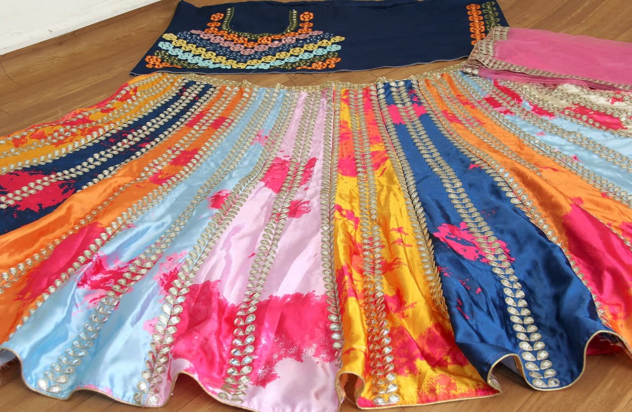 PREMIUM HEAVY DIAMOND SATIN SILK LEHENGA CHOLI SET WITH DIGITAL PRINT & MIRROR EMBROIDERY
