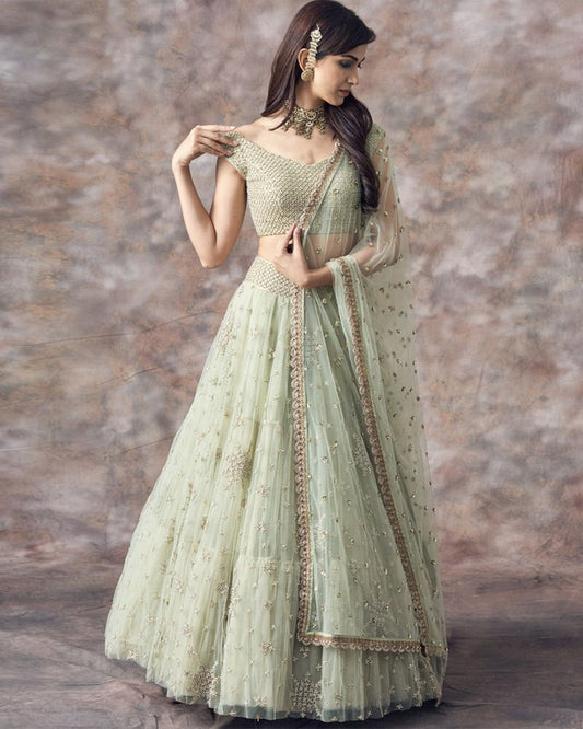 PREMIUM HEAVY BUTTERFLY NET LEHENGA CHOLI WITH SEQUENCE WORK & RUFFLE FLAIR