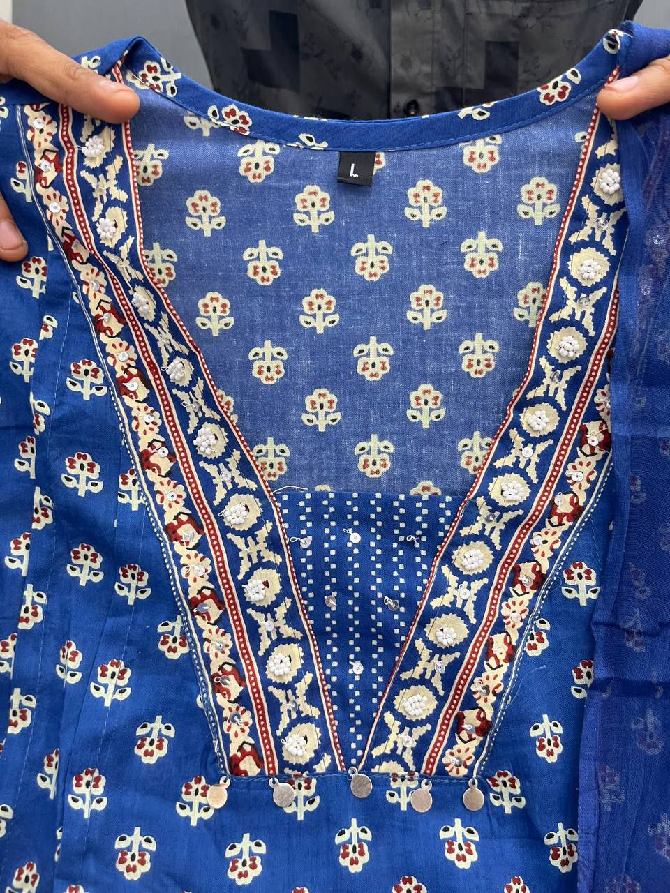 PREMIUM MAL COTTON KURTI PLAZO DUPATTA SET WITH HANDWORK NECK DETAILING