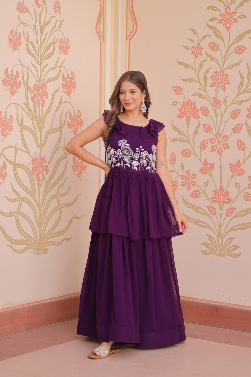 DESIGNER FAUX BLOOMING GOWN WITH BEADS EMBROIDERY – ELEGANCE IN EVERY FOLD