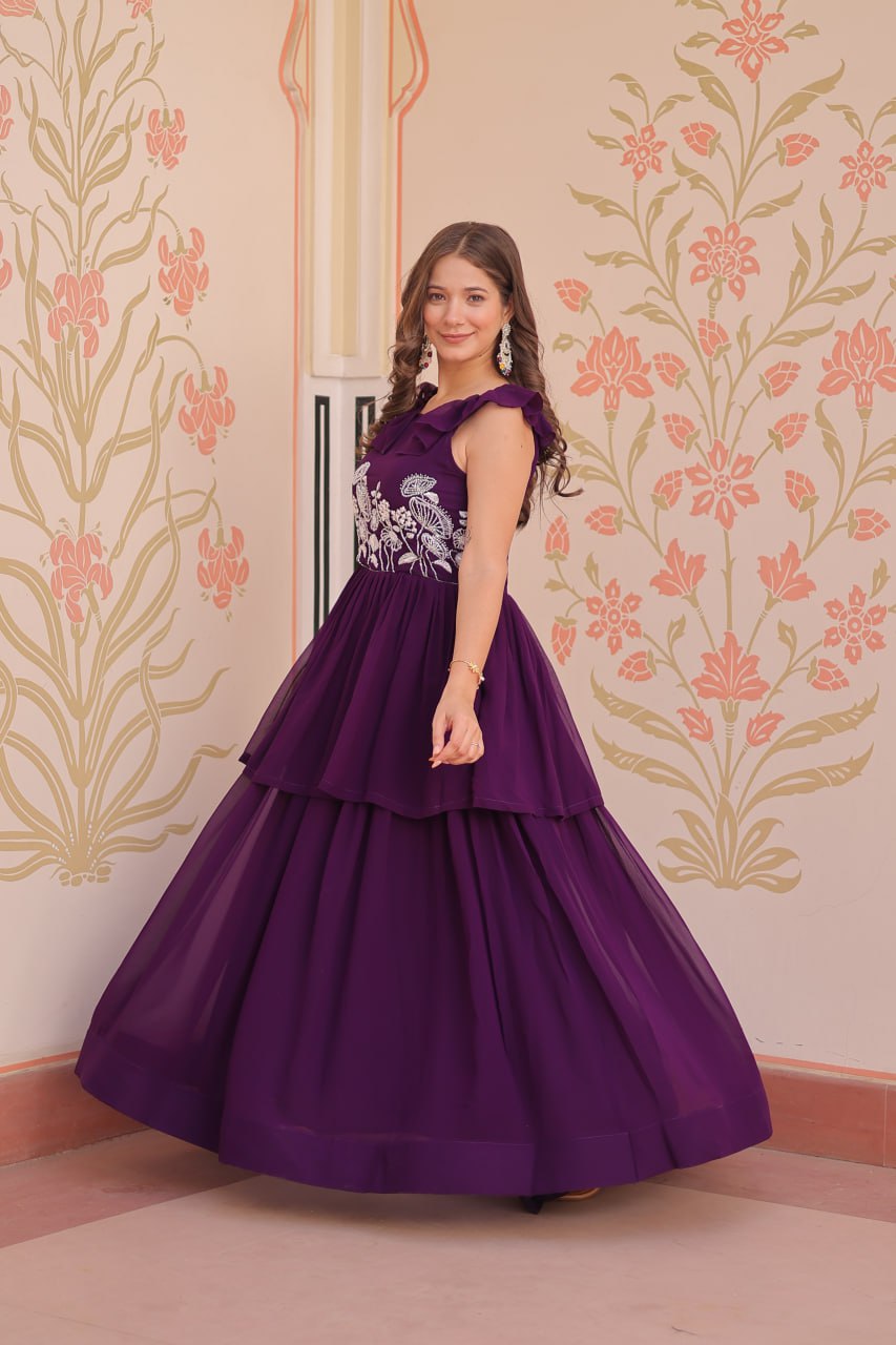 DESIGNER FAUX BLOOMING GOWN WITH BEADS EMBROIDERY – ELEGANCE IN EVERY FOLD