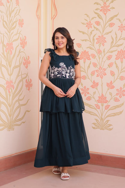 DESIGNER FAUX BLOOMING GOWN WITH BEADS EMBROIDERY – ELEGANCE IN EVERY FOLD
