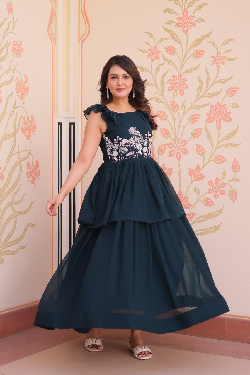 DESIGNER FAUX BLOOMING GOWN WITH BEADS EMBROIDERY – ELEGANCE IN EVERY FOLD