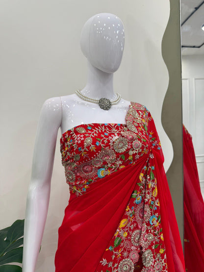 DESIGNER FAUX GEORGETTE SAREE WITH THREAD & SEQUENCE EMBROIDERY WORK