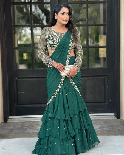 NEW READY-TO-WEAR RUFFLE LEHENGA SAREE WITH FULL SLEEVE BLOUSE & SEQUENCE EMBROIDERY