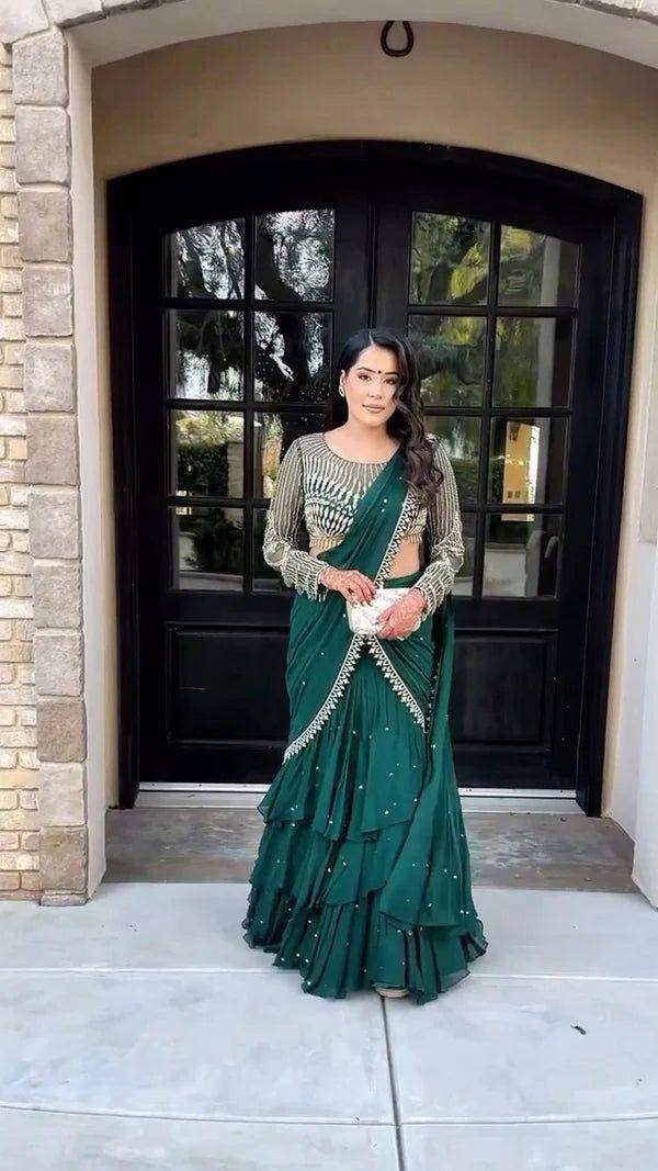 NEW READY-TO-WEAR RUFFLE LEHENGA SAREE WITH FULL SLEEVE BLOUSE & SEQUENCE EMBROIDERY