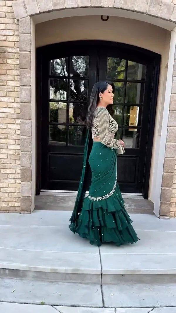 NEW READY-TO-WEAR RUFFLE LEHENGA SAREE WITH FULL SLEEVE BLOUSE & SEQUENCE EMBROIDERY