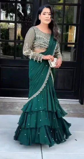 NEW READY-TO-WEAR RUFFLE LEHENGA SAREE WITH FULL SLEEVE BLOUSE & SEQUENCE EMBROIDERY