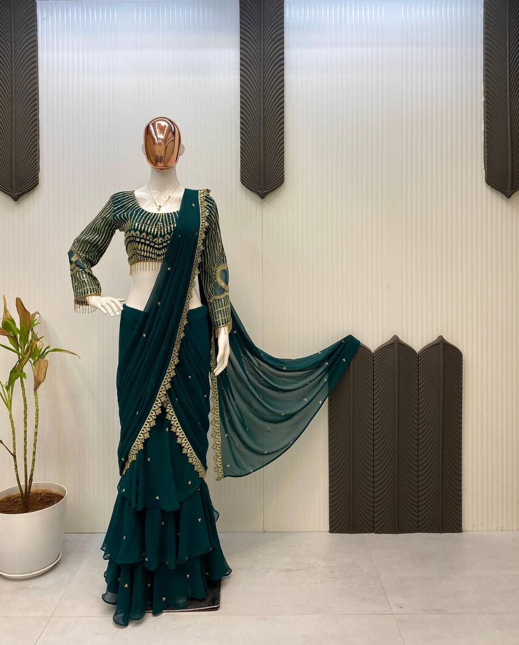 NEW READY-TO-WEAR RUFFLE LEHENGA SAREE WITH FULL SLEEVE BLOUSE & SEQUENCE EMBROIDERY