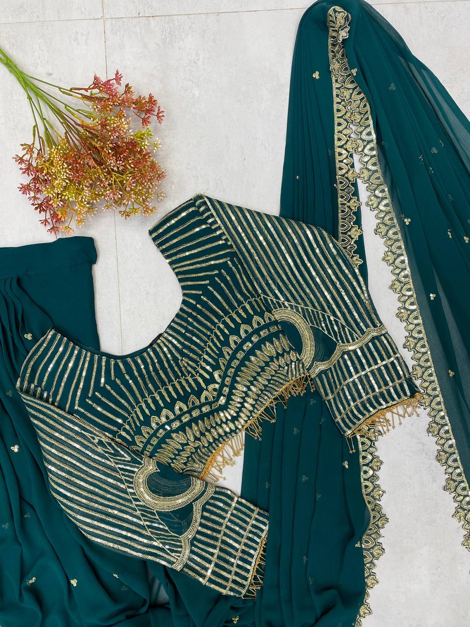 NEW READY-TO-WEAR RUFFLE LEHENGA SAREE WITH FULL SLEEVE BLOUSE & SEQUENCE EMBROIDERY