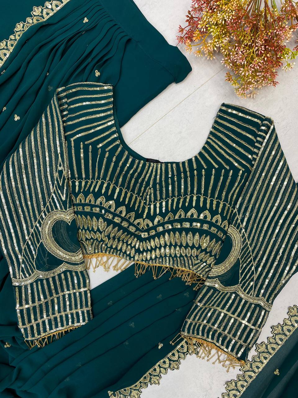 NEW READY-TO-WEAR RUFFLE LEHENGA SAREE WITH FULL SLEEVE BLOUSE & SEQUENCE EMBROIDERY