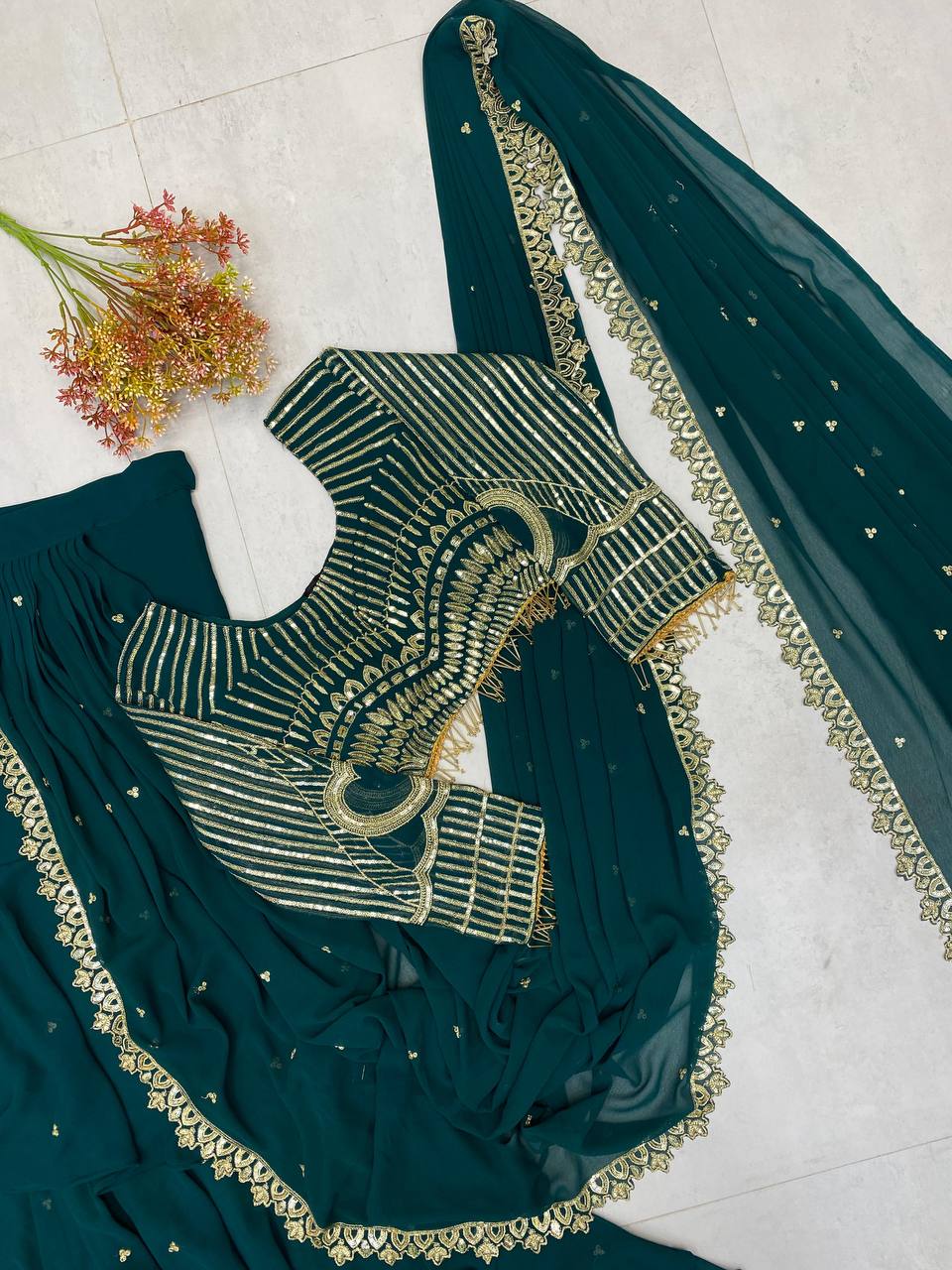 NEW READY-TO-WEAR RUFFLE LEHENGA SAREE WITH FULL SLEEVE BLOUSE & SEQUENCE EMBROIDERY