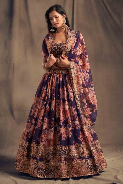 PREMIUM HEAVY ORGANZA SILK LEHNGA CHOLI WITH DIGITAL PRINT AND ZARI SEQUENCE EMBROIDERY