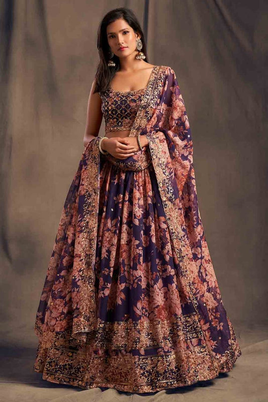 PREMIUM HEAVY ORGANZA SILK LEHNGA CHOLI WITH DIGITAL PRINT AND ZARI SEQUENCE EMBROIDERY