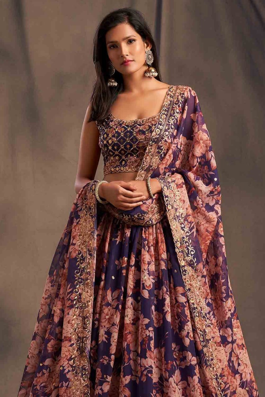 PREMIUM HEAVY ORGANZA SILK LEHNGA CHOLI WITH DIGITAL PRINT AND ZARI SEQUENCE EMBROIDERY