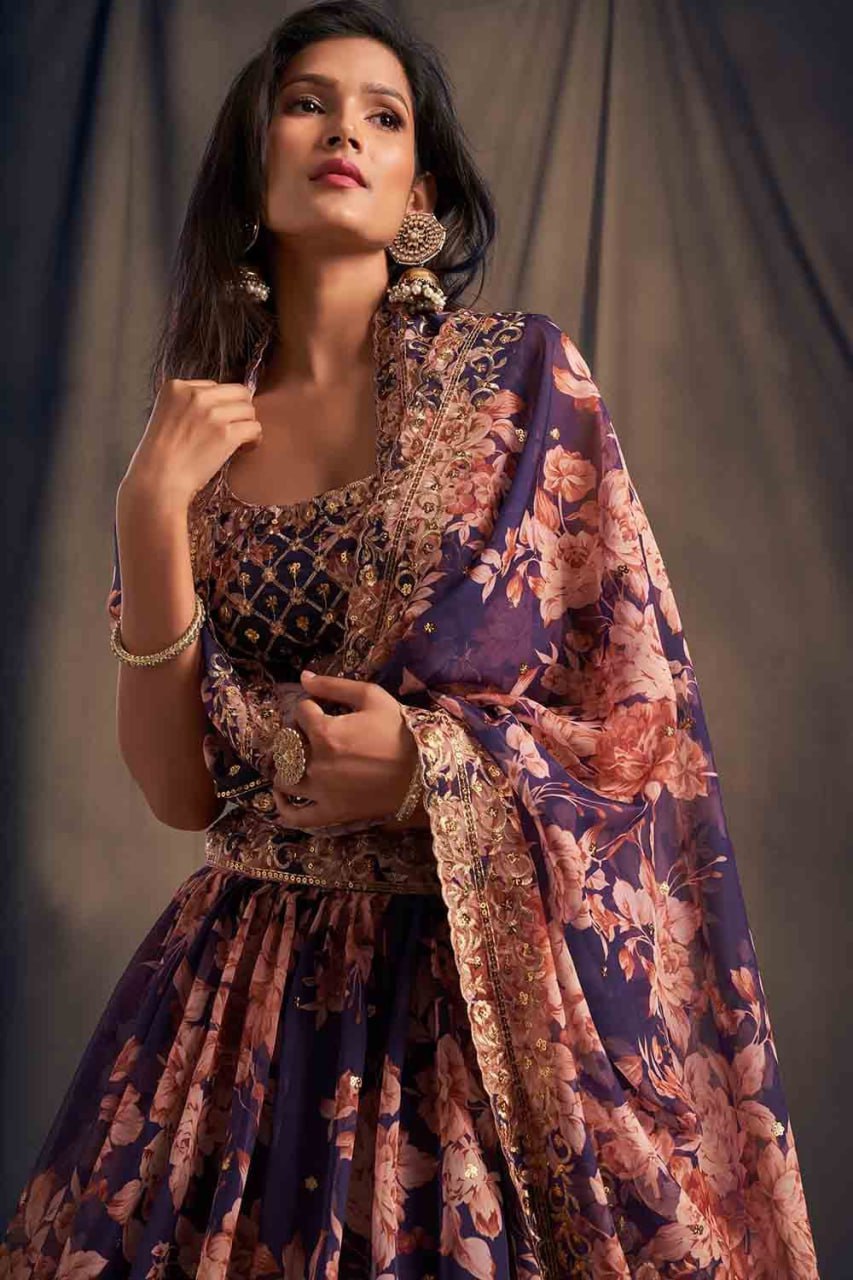 PREMIUM HEAVY ORGANZA SILK LEHNGA CHOLI WITH DIGITAL PRINT AND ZARI SEQUENCE EMBROIDERY