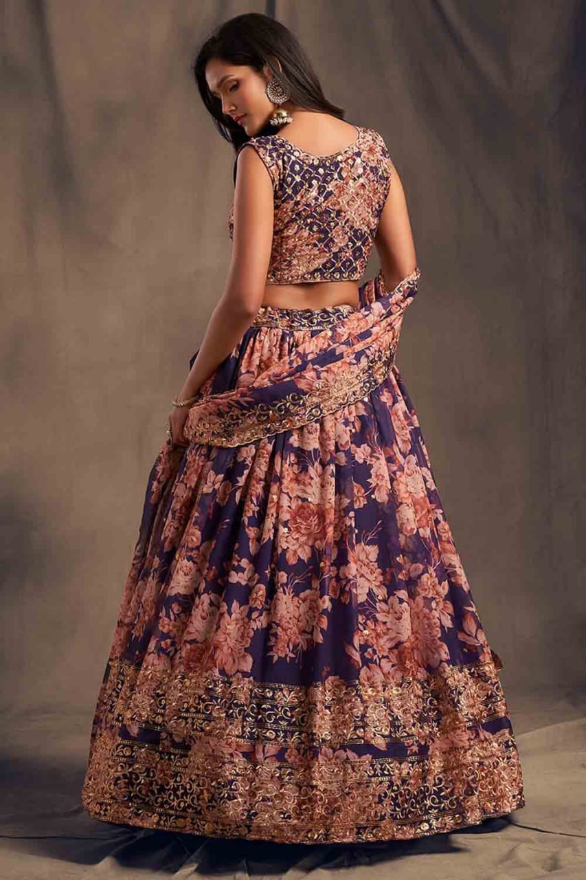 PREMIUM HEAVY ORGANZA SILK LEHNGA CHOLI WITH DIGITAL PRINT AND ZARI SEQUENCE EMBROIDERY