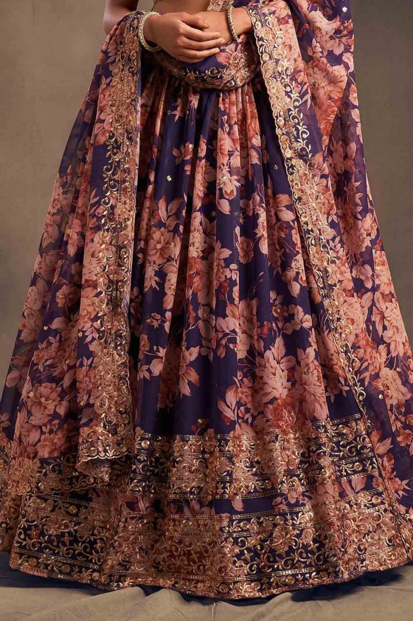 PREMIUM HEAVY ORGANZA SILK LEHNGA CHOLI WITH DIGITAL PRINT AND ZARI SEQUENCE EMBROIDERY