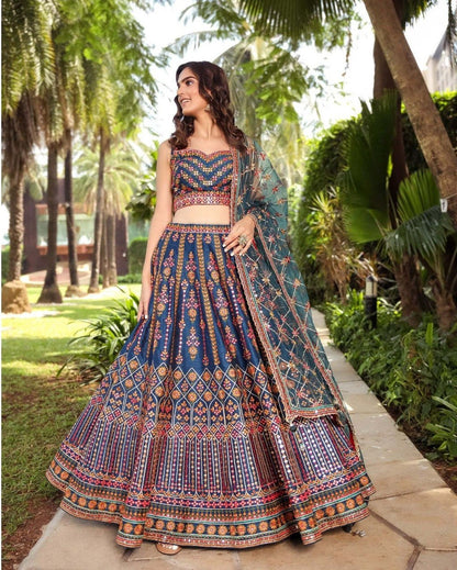 ELEGANT CHINON LEHENGA CHOLI SET WITH INTRICATE SEQUINS & JARI EMBROIDERY