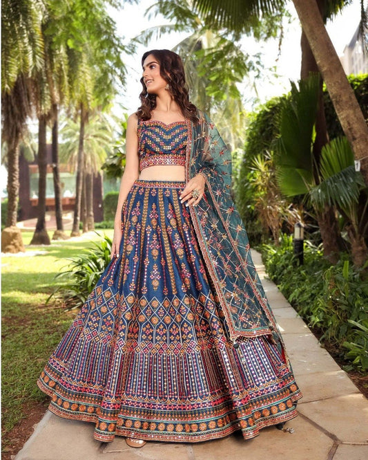 ELEGANT CHINON LEHENGA CHOLI SET WITH INTRICATE SEQUINS & JARI EMBROIDERY