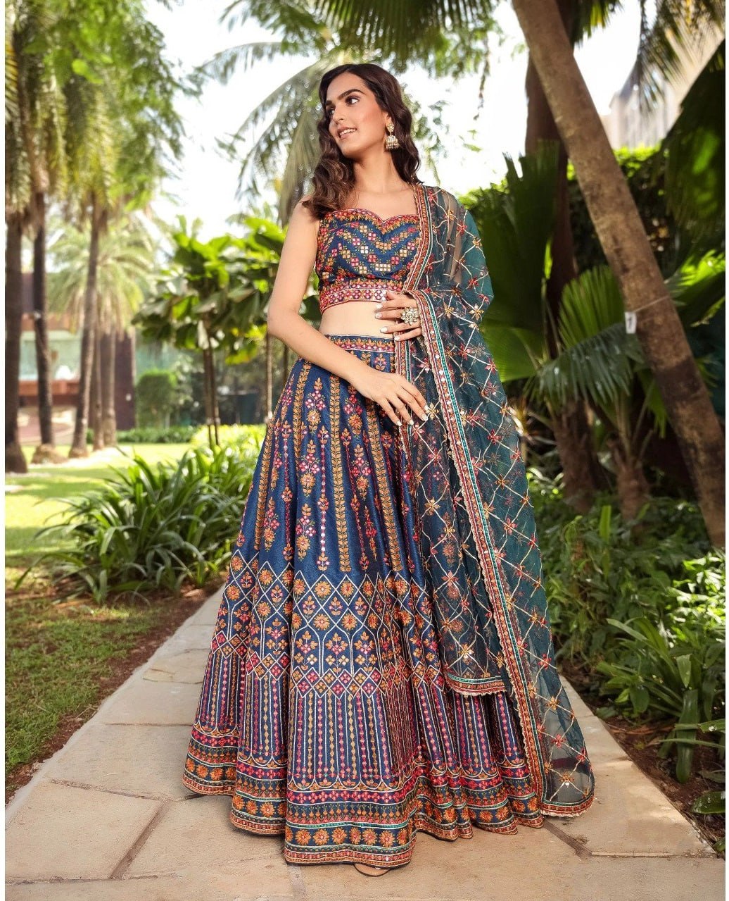ELEGANT CHINON LEHENGA CHOLI SET WITH INTRICATE SEQUINS & JARI EMBROIDERY