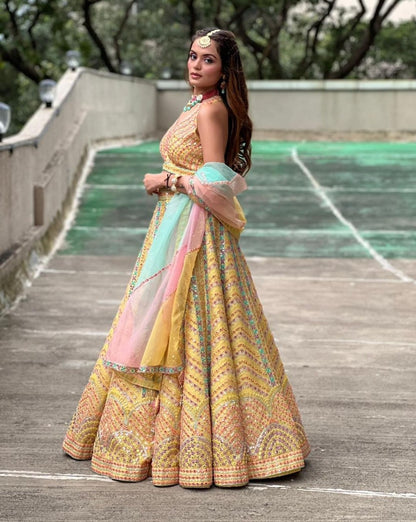 DESIGNER YELLOW HEAVY DOLA SILK LEHENGA SET WITH MULTI-COLOR EMBROIDERY & SEQUINS WORK