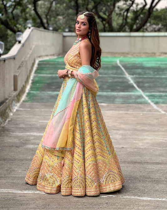 DESIGNER YELLOW HEAVY DOLA SILK LEHENGA SET WITH MULTI-COLOR EMBROIDERY & SEQUINS WORK