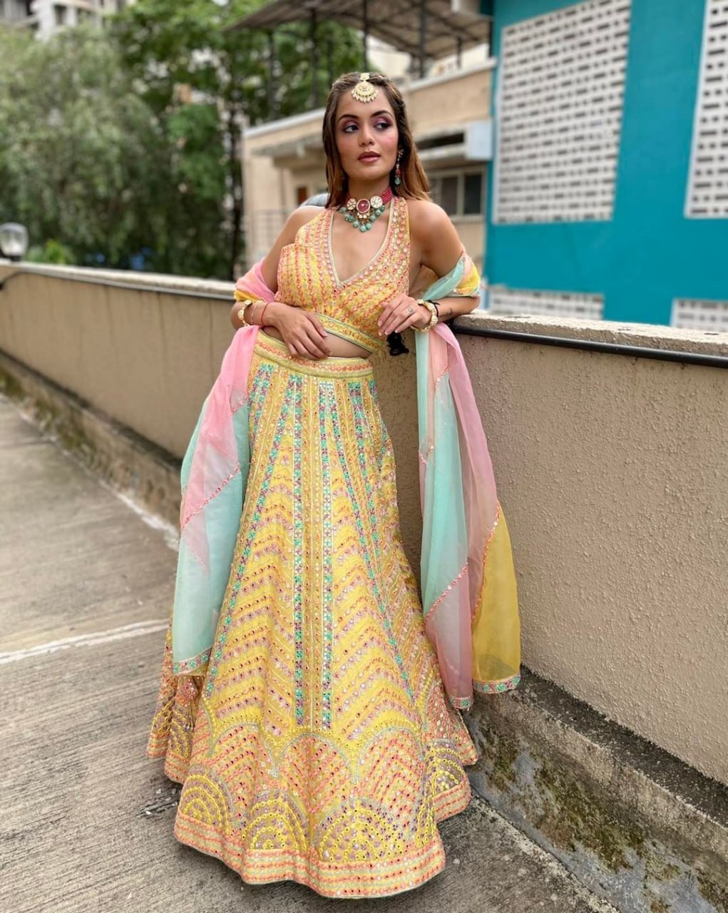 DESIGNER YELLOW HEAVY DOLA SILK LEHENGA SET WITH MULTI-COLOR EMBROIDERY & SEQUINS WORK