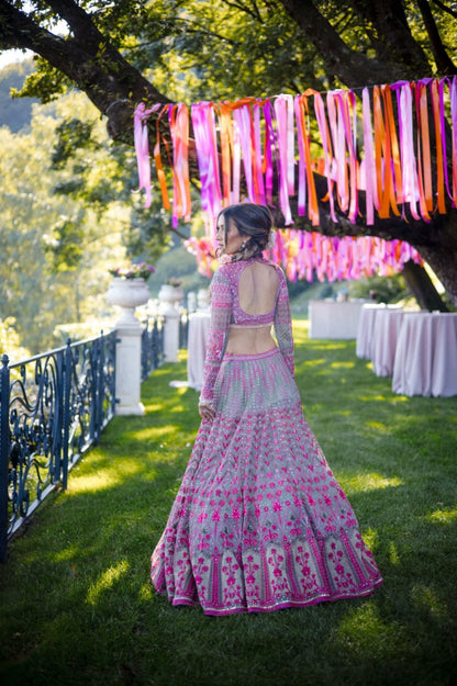 DESIGNER MULTI-COLOR FAUX GEORGETTE LEHENGA SET WITH 3MM SEQUINS, THREAD & JARI EMBROIDERY