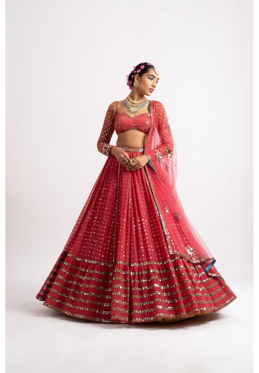 DESIGNER FAUX GEORGETTE BOTTLE GREEN LEHENGA CHOLI SET WITH MULTI-SIZE SEQUINS & JARI EMBROIDERY