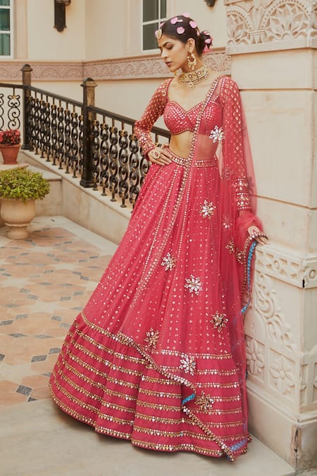 DESIGNER FAUX GEORGETTE BOTTLE GREEN LEHENGA CHOLI SET WITH MULTI-SIZE SEQUINS & JARI EMBROIDERY