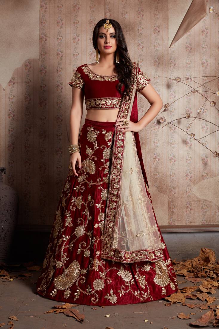 LUXURIOUS SEMI VELVET SILK LEHENGA CHOLI SET WITH SEQUINS, JARI & DORI EMBROIDERY