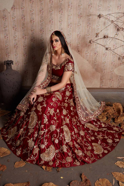 LUXURIOUS SEMI VELVET SILK LEHENGA CHOLI SET WITH SEQUINS, JARI & DORI EMBROIDERY
