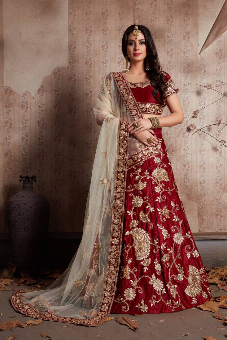 LUXURIOUS SEMI VELVET SILK LEHENGA CHOLI SET WITH SEQUINS, JARI & DORI EMBROIDERY