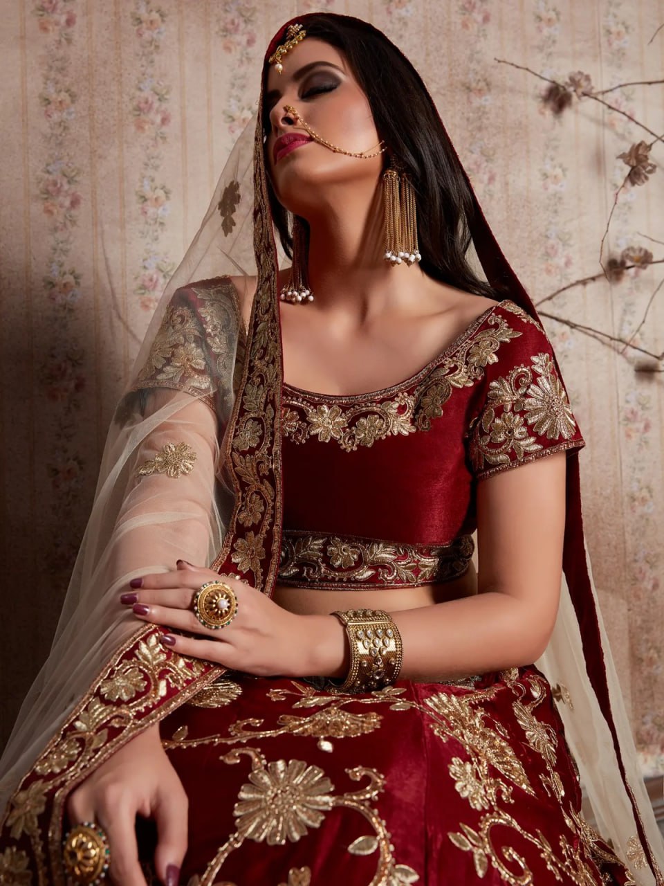 LUXURIOUS SEMI VELVET SILK LEHENGA CHOLI SET WITH SEQUINS, JARI & DORI EMBROIDERY