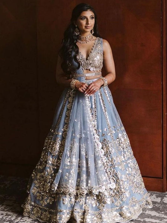 ELEGANT GRAY NET LEHENGA CHOLI SET WITH PAPER MIRROR EMBROIDERY WORK